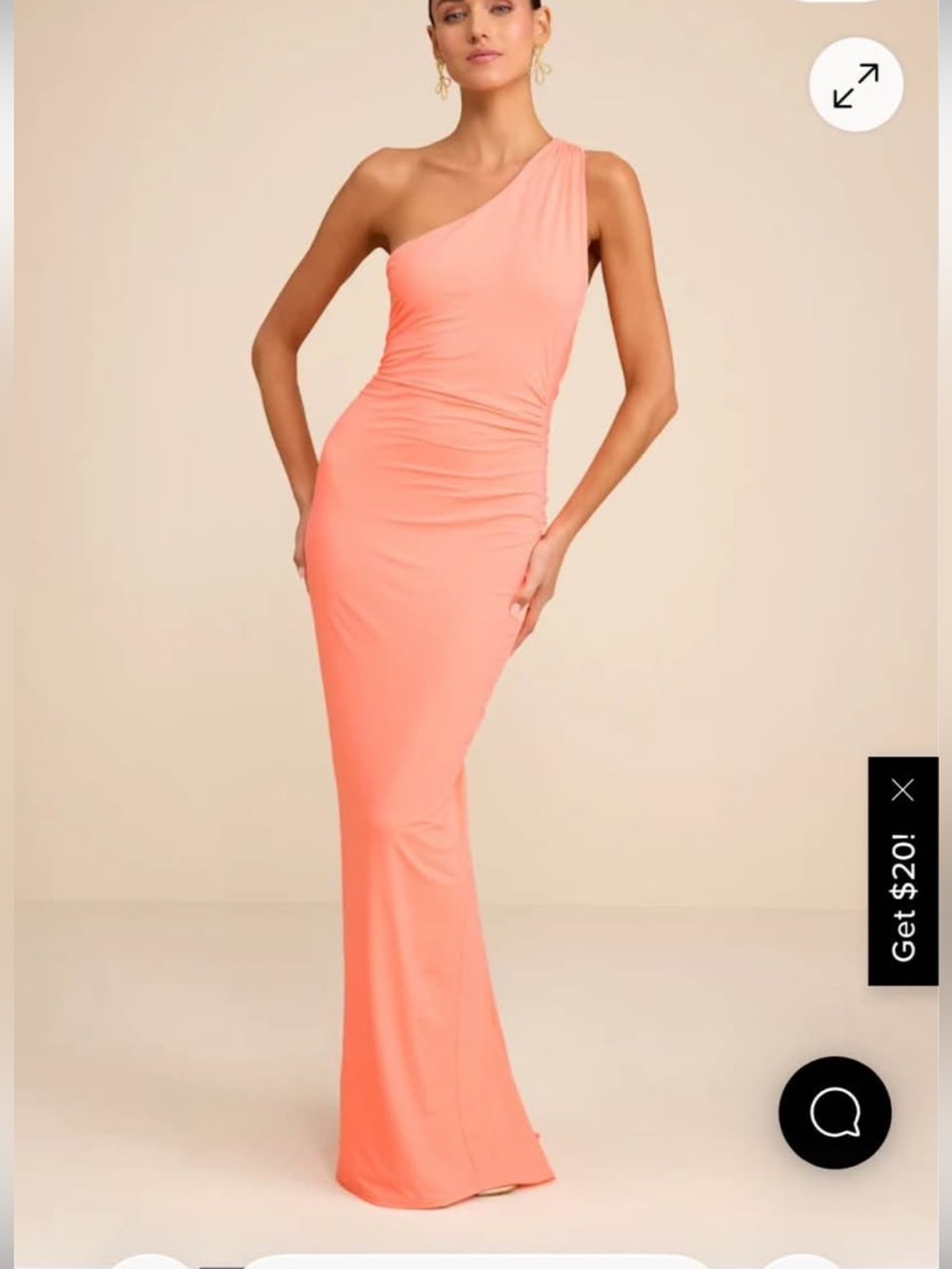 Lulu's Coral One-Shoulder Ruched Gown